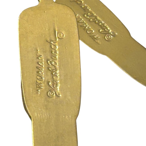 80s Vintage Laurel Burch Tribal People 12 Karat Gold Dangle Drop Earrings - Picture 7 of 8